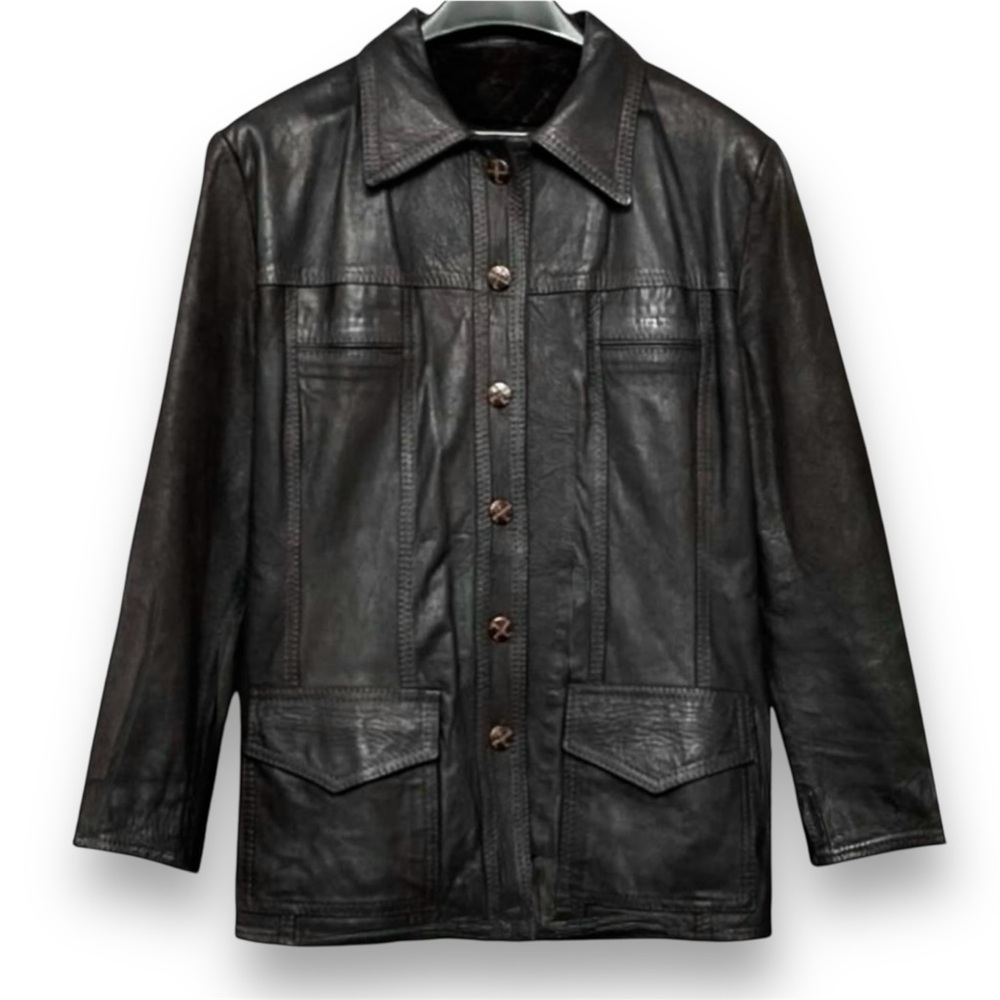 Camyr Vintage 90s Brown Leather Jacket Union Made Button Front Coat Size M